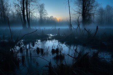 Swamp foggy morning lake. Generate Ai - obrazy, fototapety, plakaty