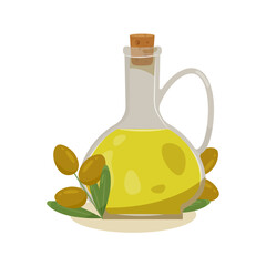 Glass bottle, jug of olive oil, with green olives.
The concept of dietary, healthy nutrition.
Illustration isolated on white background.