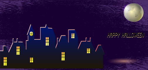 Night cartoon city and moon. Halloween card design template