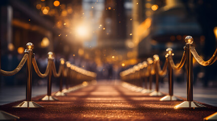 Red carpet and red carpet in the street at night with lights. - obrazy, fototapety, plakaty