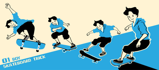 Boy with skateboard to Do Skateboard Tricks. Vector illustration.Cartoon character. 