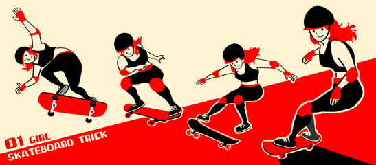 girl with skateboard to Do Skateboard Tricks. Vector illustration.Cartoon character.  © Harirak