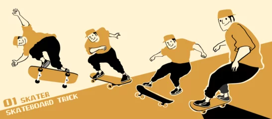 Foto op Aluminium Manl with skateboard to Do Skateboard Tricks. Vector illustration.Cartoon character.  © Harirak