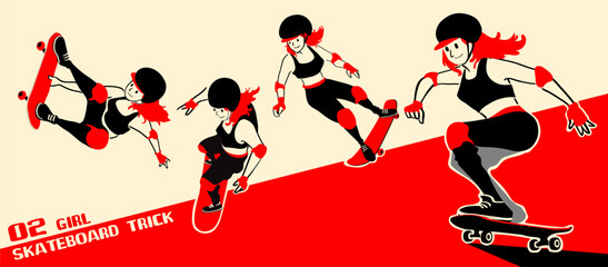 girl with skateboard to Do Skateboard Tricks. Vector illustration.Cartoon character.  © Harirak