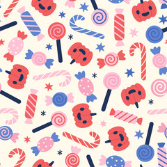 Cute Halloween candies, lollipops seamless pattern