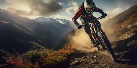 Mountain biker cyclist riding a bicycle downhill on a mountain bike trail. Outdoor recreational...