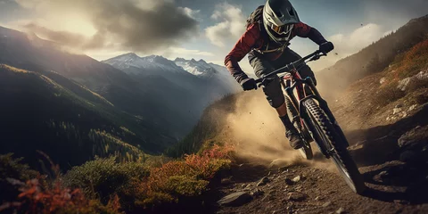 Foto op Aluminium Mountain biker cyclist riding a bicycle downhill on a mountain bike trail. Outdoor recreational lifestyle adventure sport activity in nature © JoelMasson