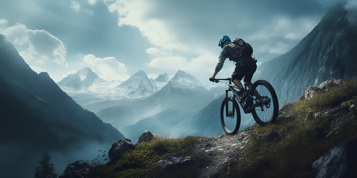 Mountain biker cyclist riding a bicycle downhill on a mountain bike trail. Outdoor recreational lifestyle adventure sport activity in nature