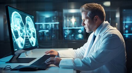 a male doctor with a white coat reviewing brain scans on a computer screen in a lab room photorealistic high resolution - Generative AI