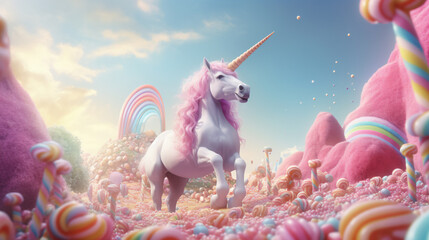 a unicorn doing magic in a candyland - Generative AI