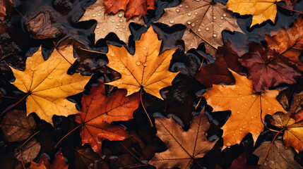 Naklejka na ściany i meble Autumn leaves lying on the floor - Generative AI
