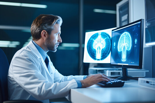 A male doctor examining a series of brain scans from an MRI scan on a computer screen. - Generative AI