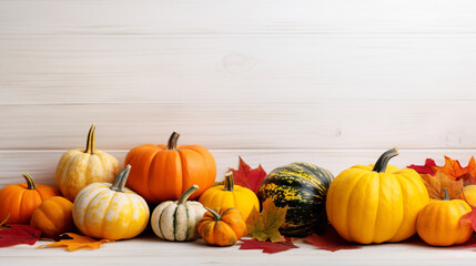 Different seasonal pumpkins and squashes with autumn leaves and white wooden background - Generative AI