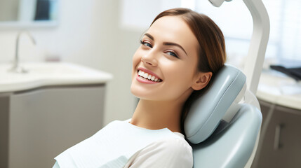 Young woman sits in dental chair, patient smiles showing teeth - Generative AI