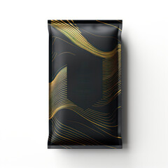 Premium coffee packaging mockup. Black bag or package mockup with golden abstract