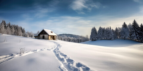Winterlandschaft mit Hütte, Wald und Wanderweg