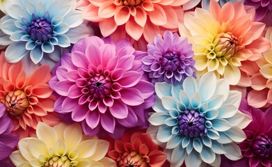 Obraz premium Abstract floral flower dahlia pattern, background banner. Closeup of colorful blooming dahlias.