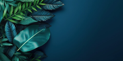 Fototapeta na wymiar Collection of tropical leaves, deciduous plant on blue background, top view