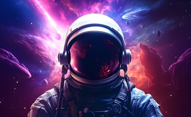 Astronaut in space with stars and galaxy. Purple and blue nebula reflected in his helmet.