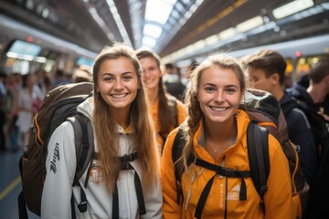Friends girls with backpacks at railway station waiting for train. Smiling Girls tourists or students ready for trip.