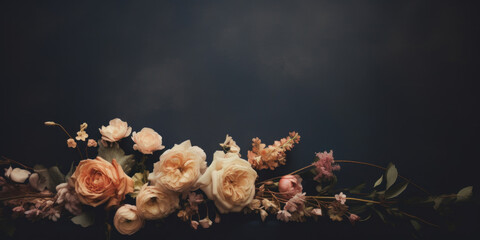 Vintage bouquet of beautiful flowers on dark background.