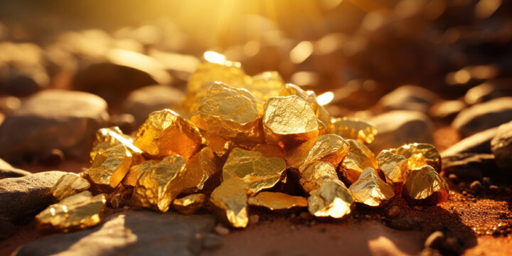 Closeup of big gold nugget with small pices scattered arround