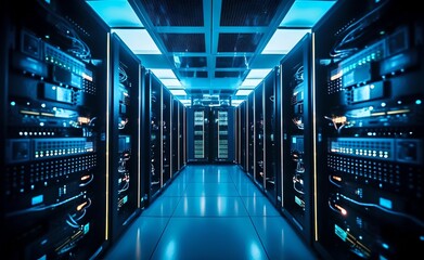 Obraz premium Modern web content hosting. Internet power electronics cabinets.