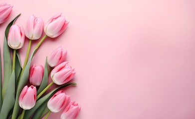 Naklejka premium Pink tulip flowers on pink background top view in flat lay style. Greeting for Womens or Mothers Day.