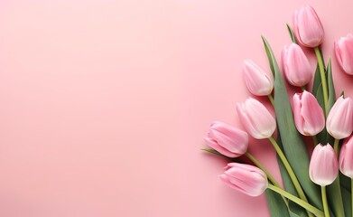 Pink tulip flowers on pink background top view in flat lay style. Greeting for Womens or Mothers Day.