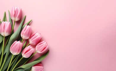 Pink tulip flowers on pink background top view in flat lay style. Greeting for Womens or Mothers Day.