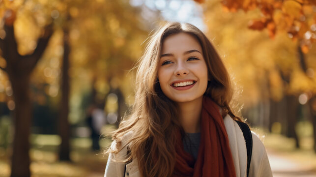 positive cheerful young woman enjoying a walk outdoors in autumn forest - Generative AI