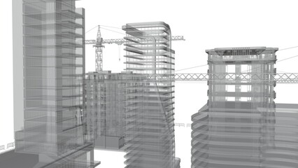 Construction site with a tower crane. Construction of residential buildings. Panoramic view of the construction of skyscrapers. Landscape with a modern city.
