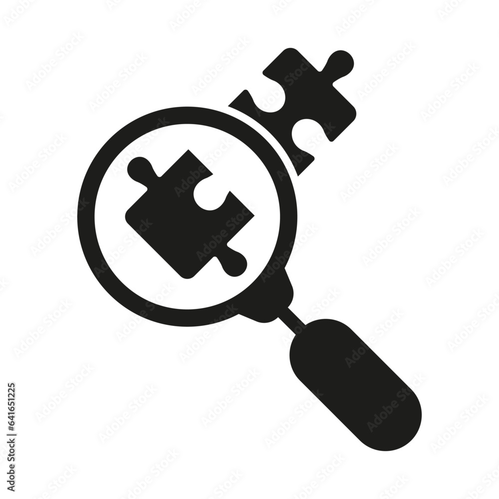 Aufkleber magnifier and puzzle parts match silhouette icon. problem solving, teamwork and connection solid sig