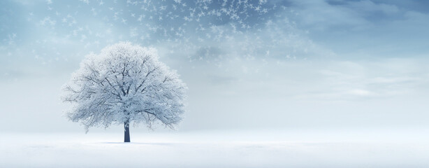 a tree covered with frost on a background of a snow-covered field. christmas card, legal AI