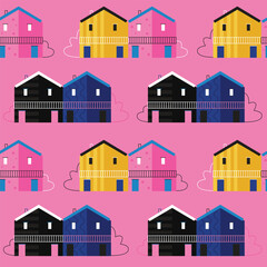 Vector seamless pattern with colorful houses on pink background. Modern design for fabric and paper, surface textures.