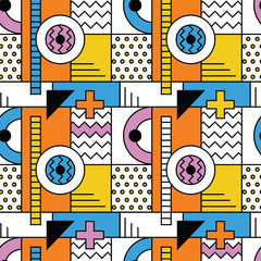 Vector seamless colorful pattern. Memphis style abstract design for fabric and paper, surface textures.