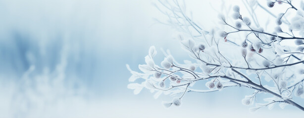 christmas card. tree branches covered with frost on a blurred blue background, legal AI