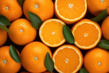 Slices of fresh ripe orange fruits with green leaves as a textural background, full screen close-up, top view.