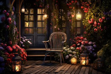 Fototapeta na wymiar cozy evening garden with chair and lights lanterns, Generative AI