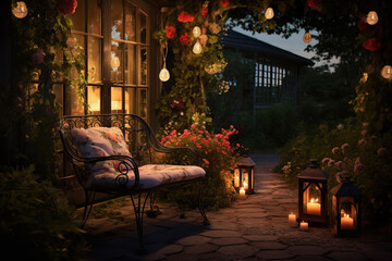 cozy evening garden with chair and lights lanterns, Generative AI