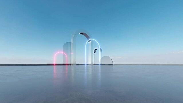3d render of abstract futuristic glass architecture with empty concrete floor.