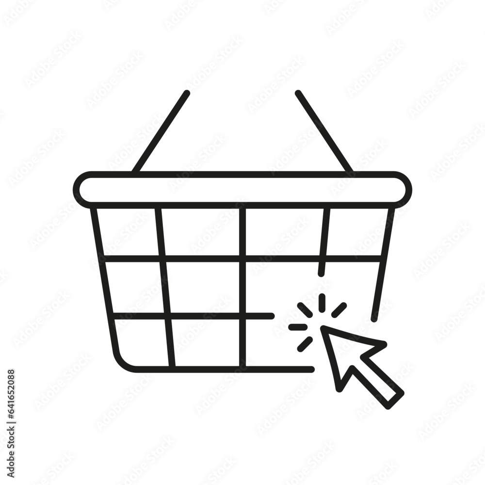 Poster e commerce line icon. online supermarket, internet grocery store linear pictogram. basket with click