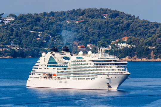 Cruise ship in the Mediterranean Sea Aegean island of Skiathos, Greece