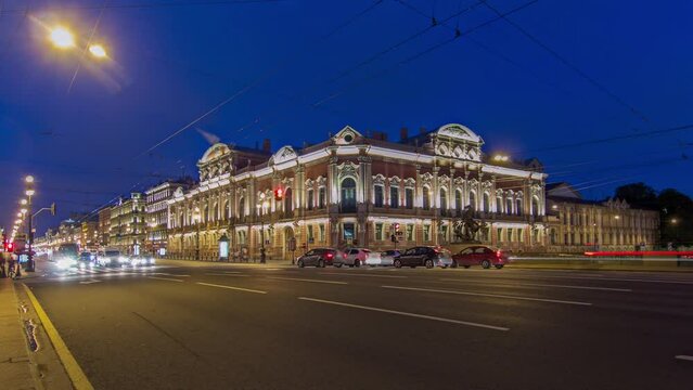 Illuminated Beloselsky-Belozersky Palace: Night Hyperlapse Timelapse from Anichkov Bridge, Featuring Horse Statue, Traffic on Nevskiy Avenue, St. Petersburg, Russia