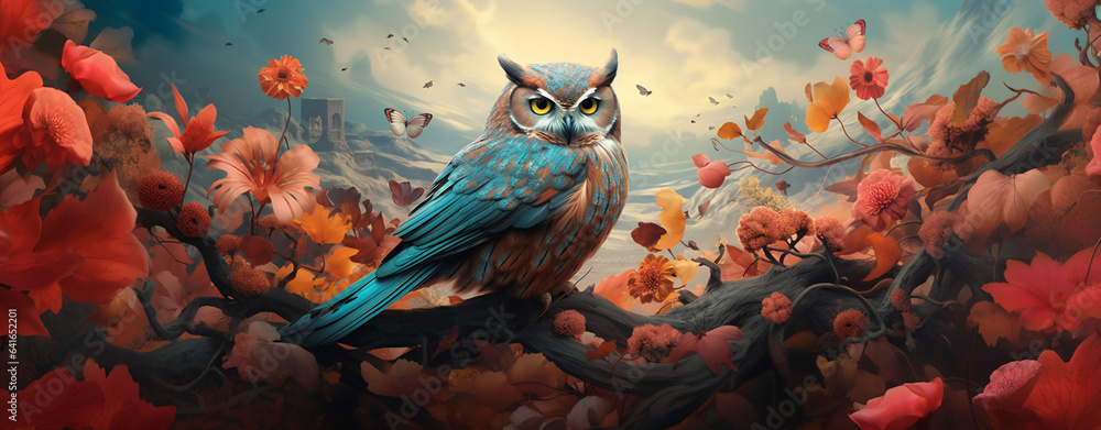 Wall mural owl on a beautiful background with flowers, vintage illustration, legal ai