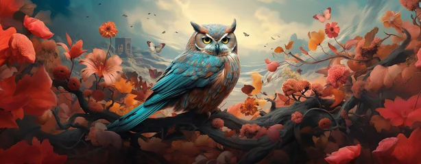 Fototapete Eulen-Cartoons owl on a beautiful background with flowers, vintage illustration, legal AI