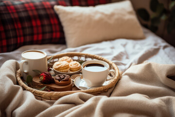 warm cozy bedroom interior with cup of coffee and cookies on tray