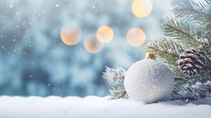 Naklejka na ściany i meble Christmas card. Christmas ball on a Christmas tree in the snow close-up, legal AI