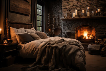 cozy old bedroom interior in natural tones, blanket candles fireplace - obrazy, fototapety, plakaty