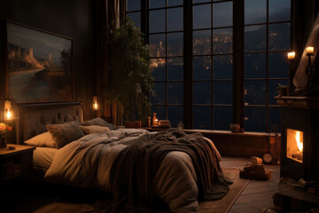 cozy bedroom interior in natural tones, blanket candles fireplace houseplants